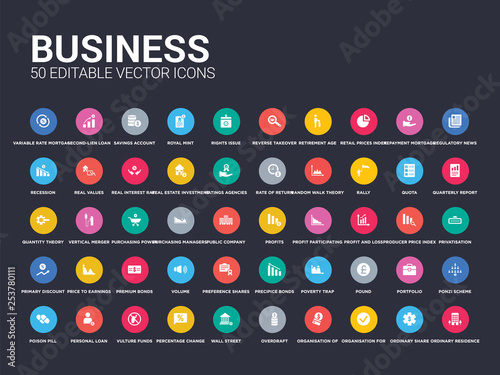 50 business set icons such as ordinary residence, ordinary share, organisation for economic cooperation and development, organisation of petroleum exporting countries (opec), overdraft, wall street, photo