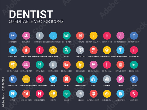 50 dentist set icons such as anesthesia, apicoectomy, baby dental, bacteria in mouth, bicuspid, braces, breath, broken tooth, brushing teeth. simple modern isolated vector icons can be use for web
