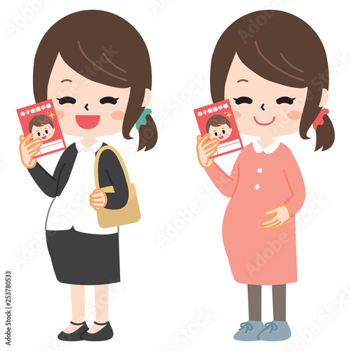Illustration set of a pregnant woman with a mother-child notebook