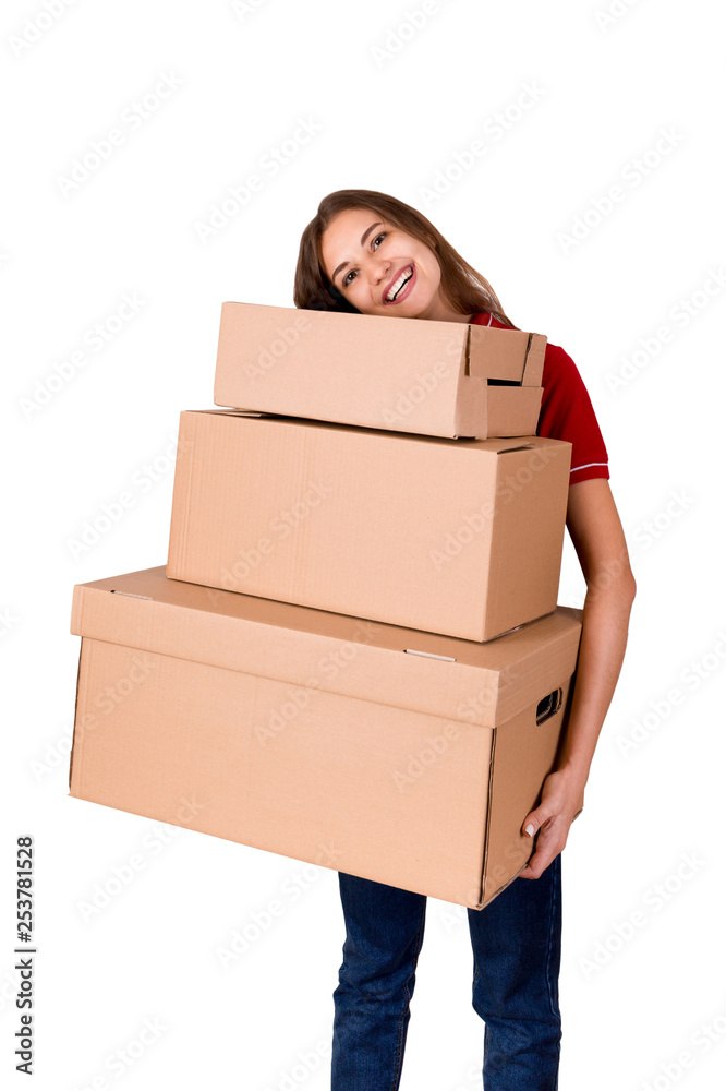 Smiling businesswoman is holding a lot of big cardboard boxes isolated on white background Smiling businesswoman is holding a lot of big cardboard boxes isolated on white background