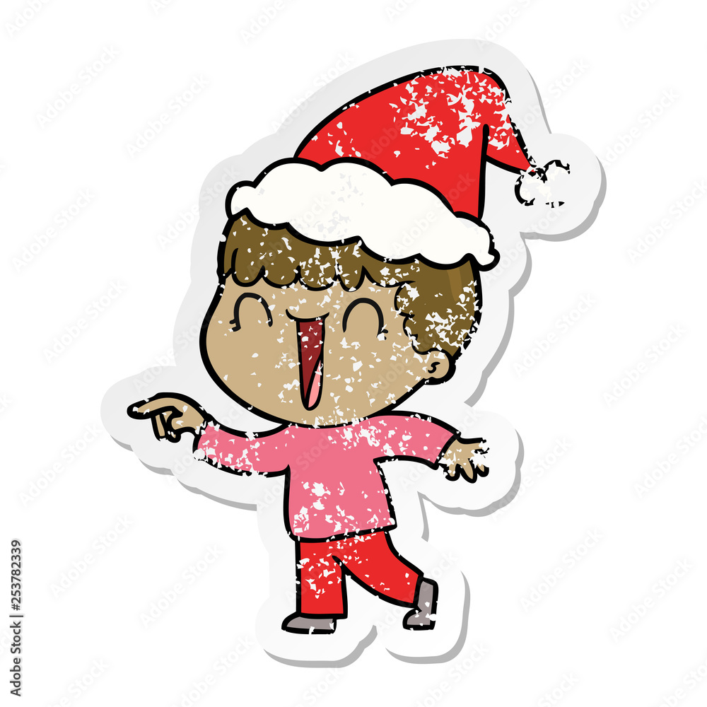 laughing distressed sticker cartoon of a man pointing wearing santa hat laughing distressed sticker cartoon of a man pointing wearing santa hat