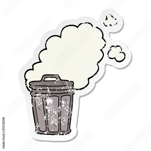 distressed sticker of a cartoon stinky garbage can