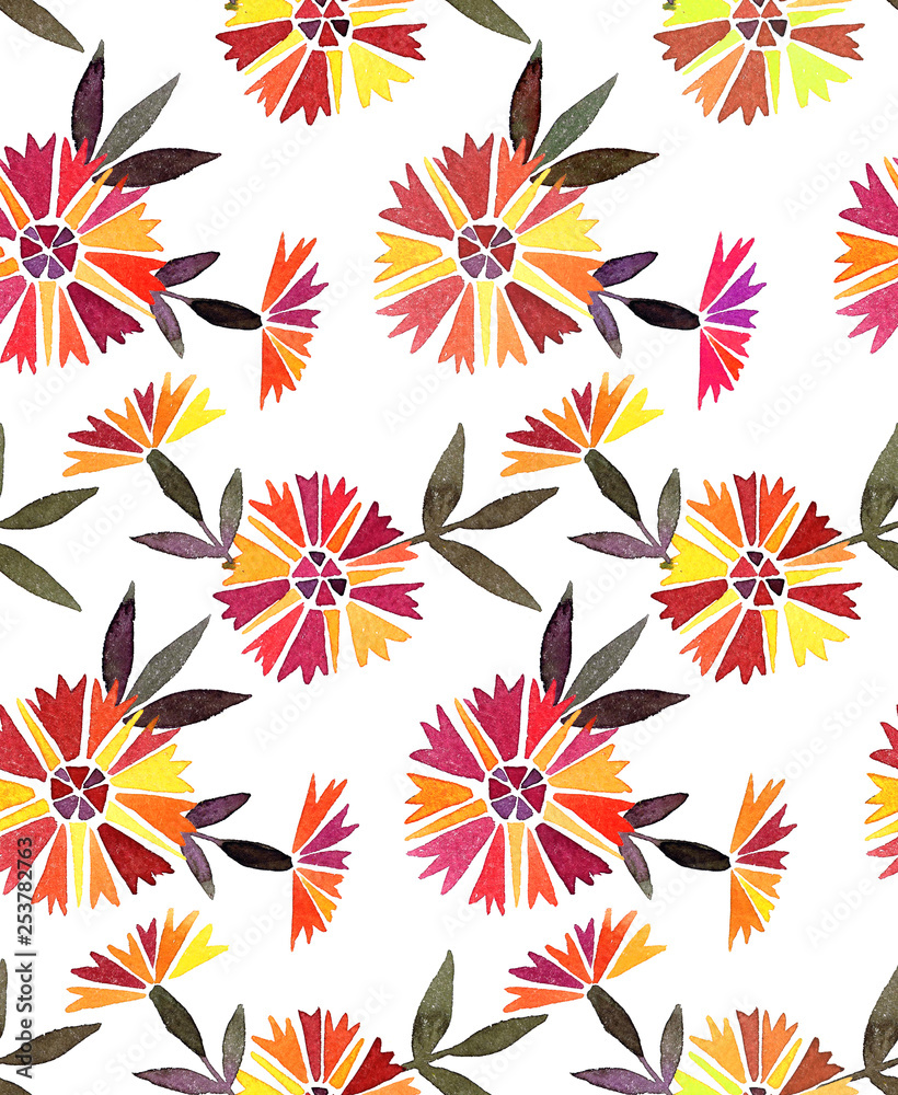 Seamless floral pattern in folk style. Watercolor Marigold flowers and leaves. Plane drawing. Botanical background for fashion design, fabric, textile, wallpapers, wrapping paper or surface.