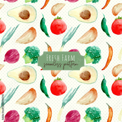 fresh farm fruit and vegetable watercolor seamless pattern