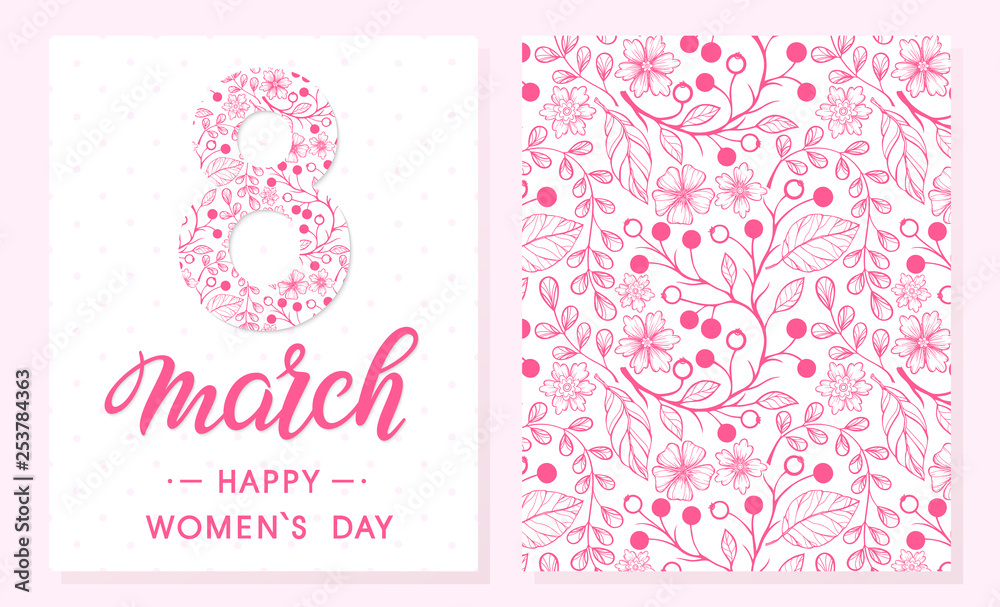 Women`s Day creative cards with flowers and floral elements.Seasons greetings cards perfect for prints,flyers,posters,holiday invitations,promotions,special offers and more.Vector 8 march cards.