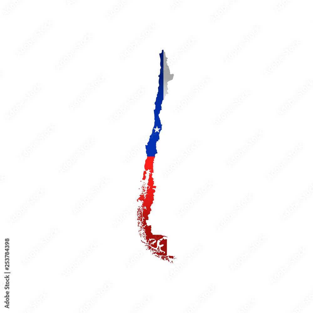 Vector isolated simplified illustration icon with silhouette of Chile map. National Chilean flag (red, white, blue colors). White background Vector isolated simplified illustration icon with silhouette of Chile map. National Chilean flag (red, white, blue colors). White background