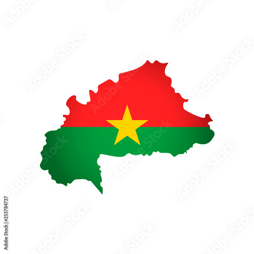 Vector isolated simplified illustration icon with silhouette of Burkina Faso map. National flag (red, yellow, green colors). White background