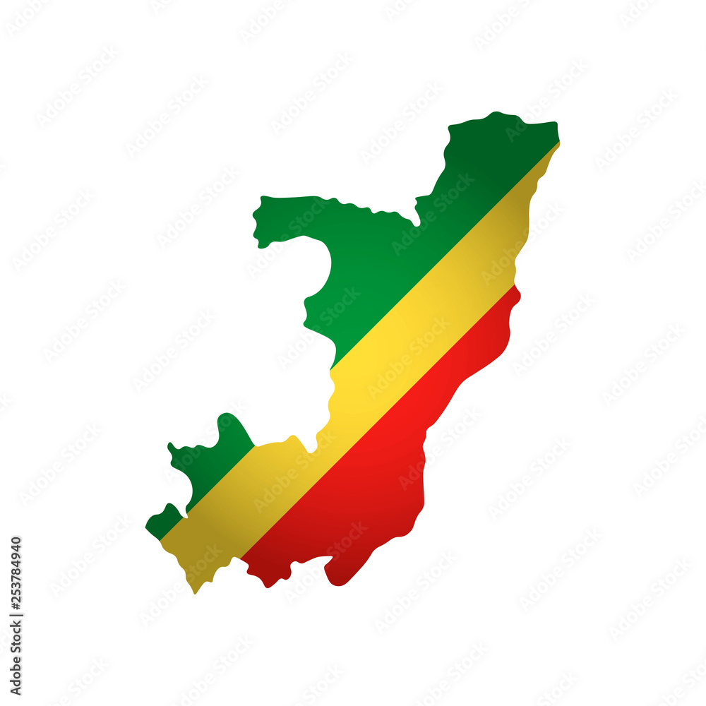Vector isolated simplified illustration icon with silhouette of Republic of the Congo map. National flag (red, yellow, green colors). White background Vector isolated simplified illustration icon with silhouette of Republic of the Congo map. National flag (red, yellow, green colors). White background