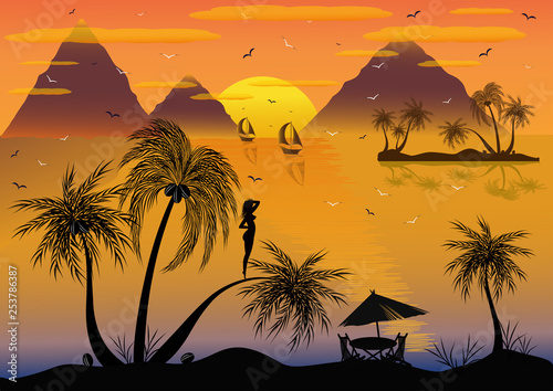 My island. The girl on the island. A fabulous romantic holiday in nature near the sea. Around the mountain, yachts. The enchanting sunset delighted anyone who would rest here.