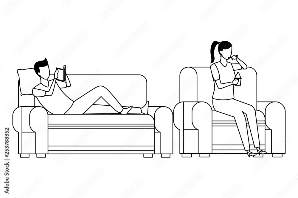 faceless people relax and eating living room in black and white faceless people relax and eating living room in black and white