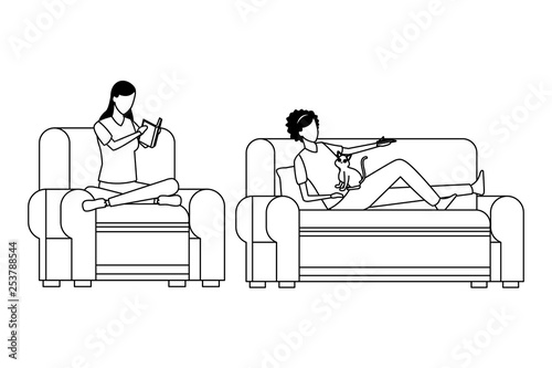 faceless women relax with cat living room in black and white