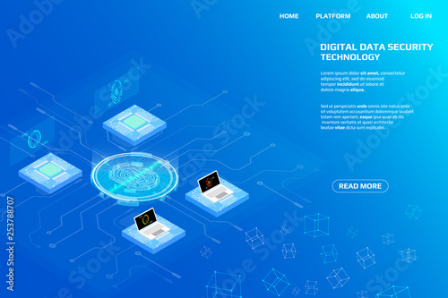 Digital Isometric Fingerprint Scanning Security System Data Access Protection Gadgets.Abstract Authentication Futuristic Circle Circuit Board Panel Element Illustration Background.