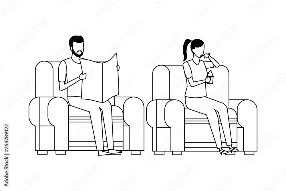 faceless couple and living room in black and white faceless couple and living room in black and white