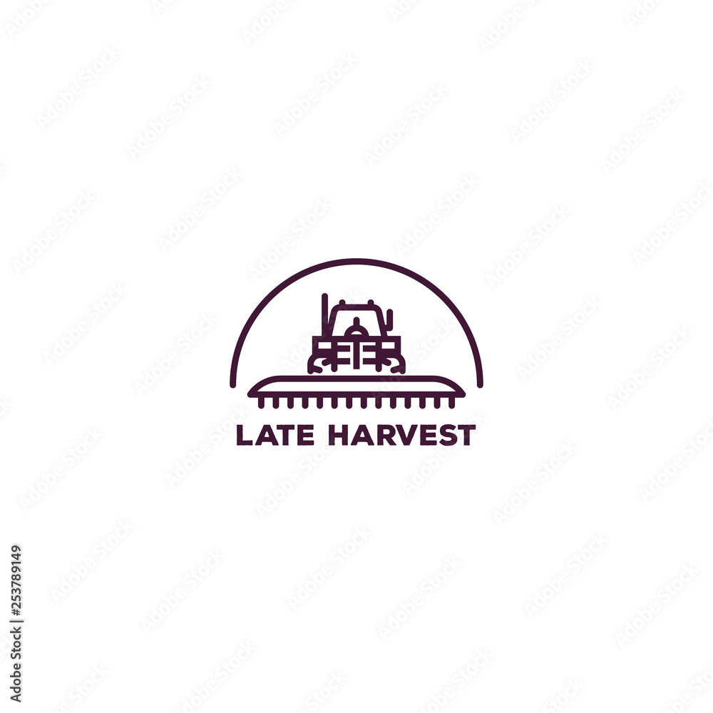 Pixel perfect farming logo. Front view of tractor for farming with cultivator. Line style vector illustration. Agriculture vehicle with farm implement for tillage. Farm harvest engine vehicle. Pixel perfect farming logo. Front view of tractor for farming with cultivator. Line style vector illustration. Agriculture vehicle with farm implement for tillage. Farm harvest engine vehicle.