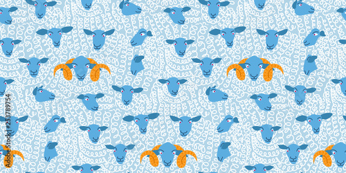 Sheep seamless background pattern wallpaper vector flock group with cute funny cartoon characters. Lamb poddy ewe jumbuck mutton childish infantile. Comic comical decoration textile fabric cloth.  photo