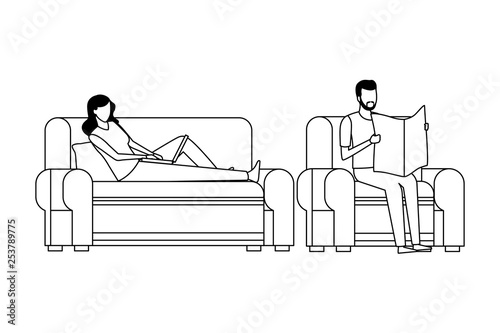 faceless couple and living room in black and white