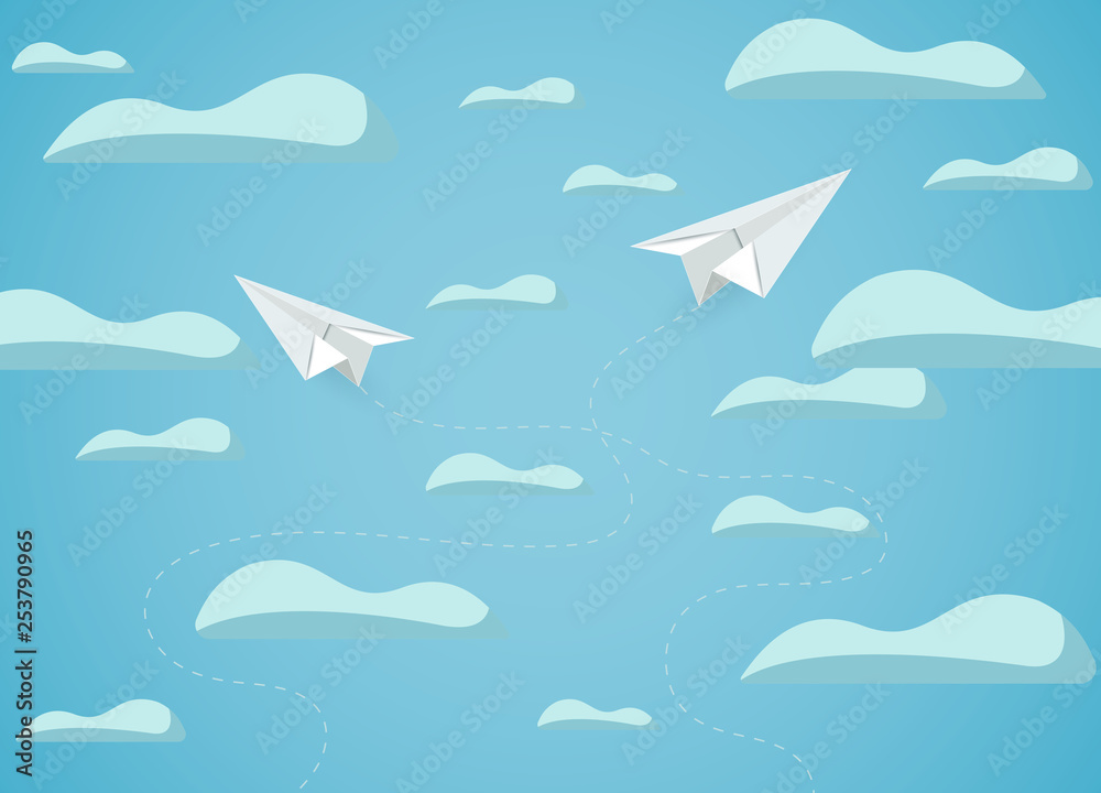 paper plane white flying up to the sky while fly above a cloud. business finance success. leadership. creative idea. startup. illustration cartoon vector paper plane white flying up to the sky while fly above a cloud. business finance success. leadership. creative idea. startup. illustration cartoon vector