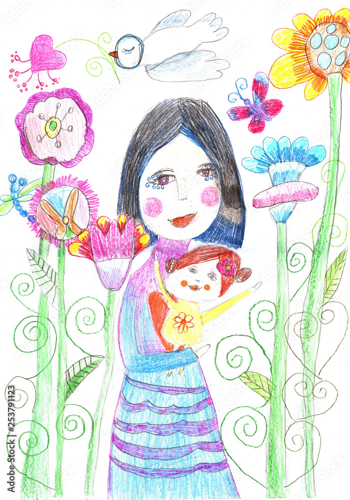 Child's drawing of a happy family.Mother holding baby Child's drawing of a happy family.Mother holding baby