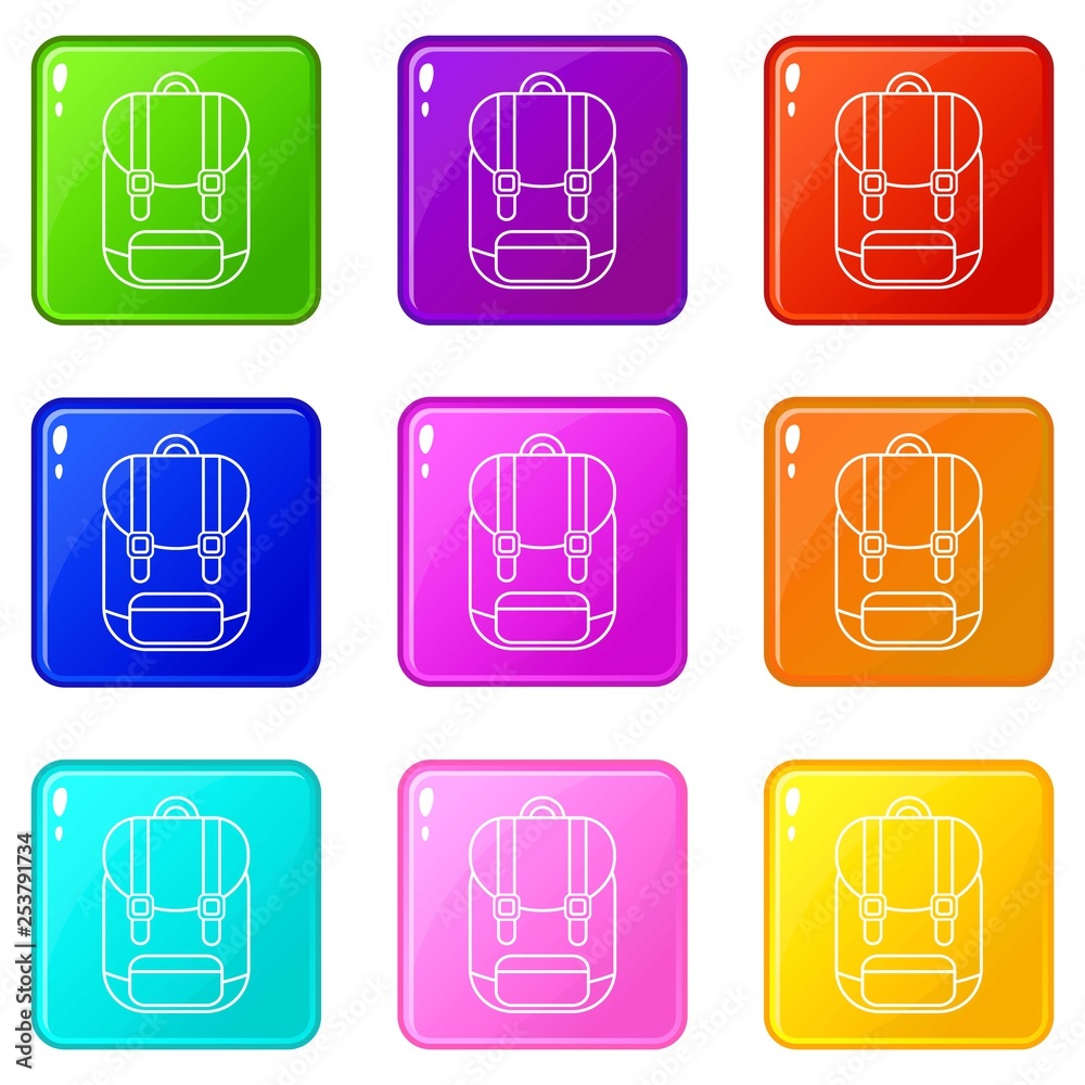 Backpack icons set 9 color collection isolated on white for any design Backpack icons set 9 color collection isolated on white for any design