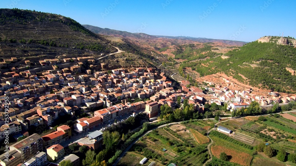 Valencia. Village of Ademuz. Spain.  Aerial view by Drone