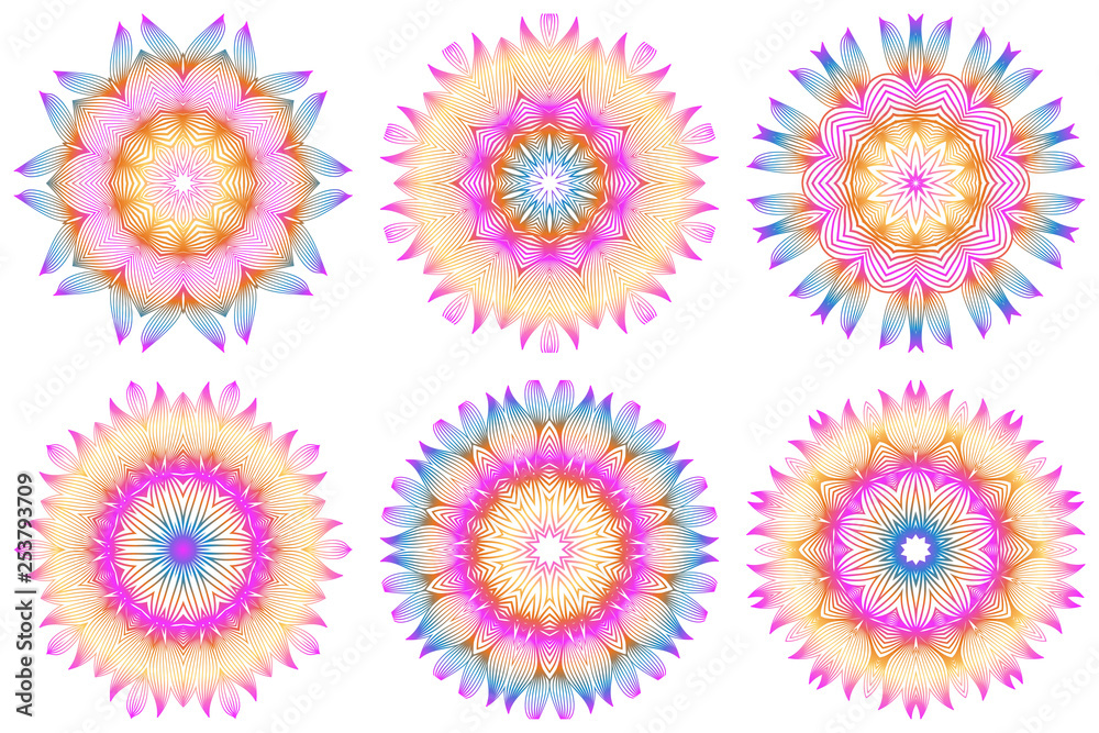 Set of Floral Color Mandala. Arabic, Indian, Motifs. Vector Illustration. Rainbow color