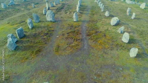 Aerial view Carnac menhirs alignment Brittany 4k