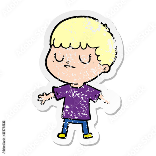 distressed sticker of a cartoon grumpy boy
