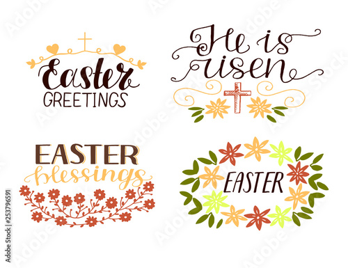 Set of 4 hand lettering quotes. He is risen. Easter blessings.