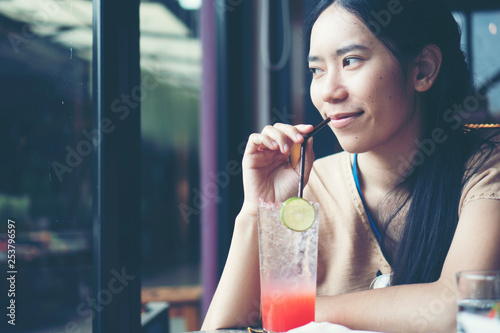 Asian women in cafe, vintag...