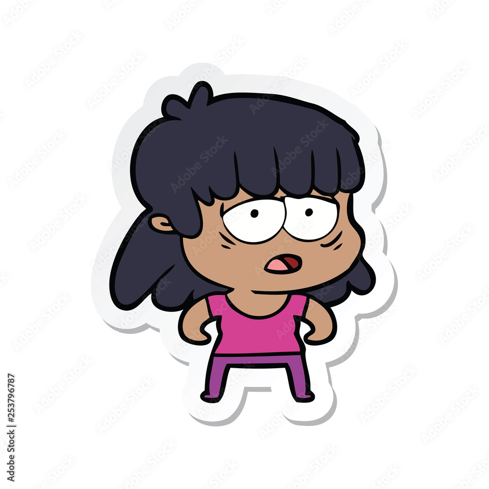 sticker of a cartoon tired woman