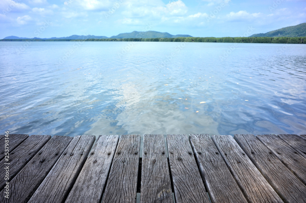wood floor with sea and mangrove  forest