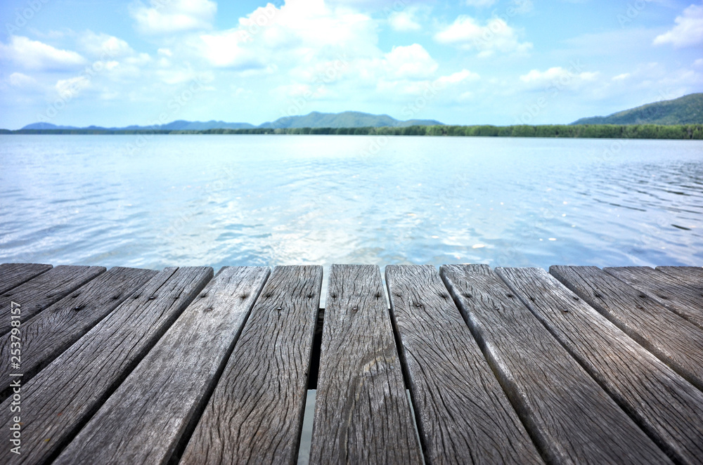 Wood floor with sea and mangrove forest