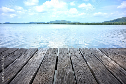 Wood floor with sea and mangrove forest