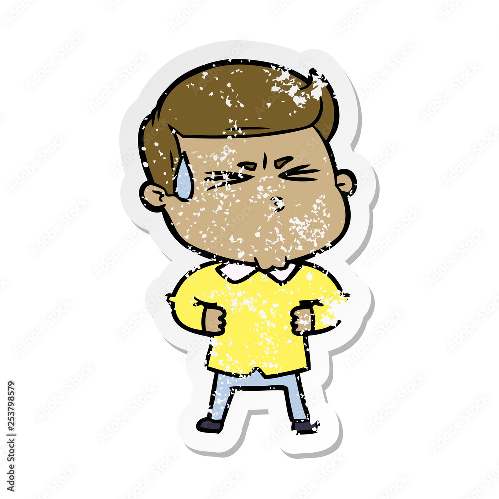 distressed sticker of a cartoon man sweating