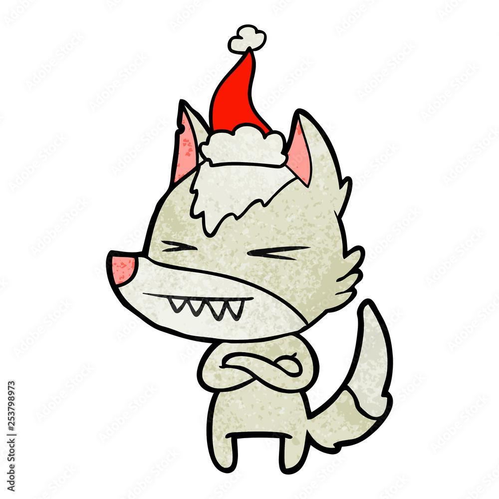 angry wolf textured cartoon of a wearing santa hat angry wolf textured cartoon of a wearing santa hat