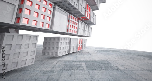Abstract red and concrete parametric interior with window. 3D illustration and rendering.