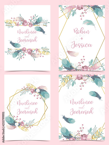 Geometry pink gold wedding invitation card with rose,leaf,ribbon,wreath,feather and frame