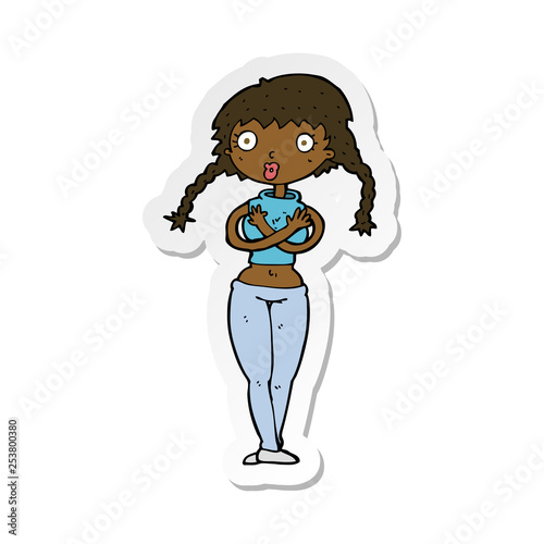 sticker of a cartoon offended woman covering herself