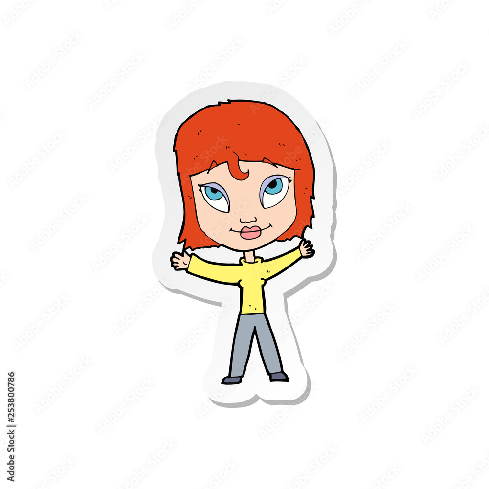sticker of a cartoon happy woman waving arms