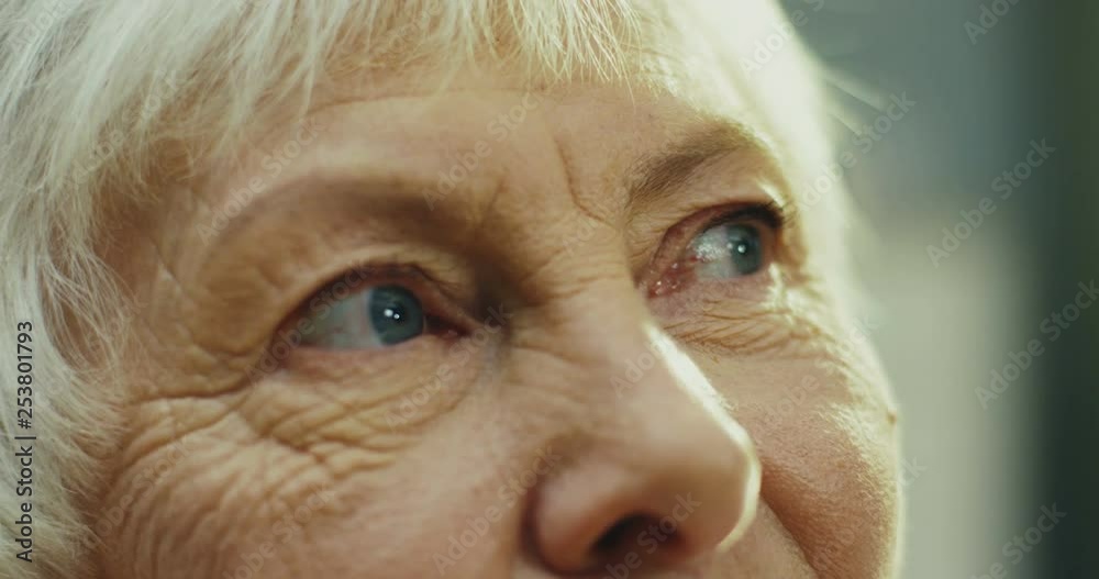 Close up of the old caucasian woman with gray hair, wrinkles and blue eyes looking up with wise look. Portrait. Indoors.