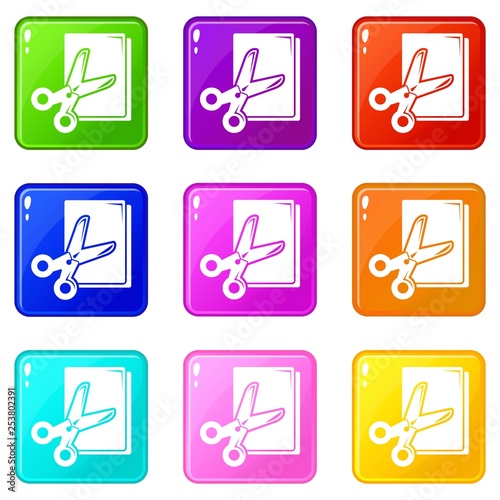 Scissors paper icons set 9 color collection isolated on white for any design