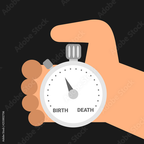 Mortality - mortal person is holding stopwatch. Time from birth to death. Human ageing / ageing and growing old till be dead. Vector illustration