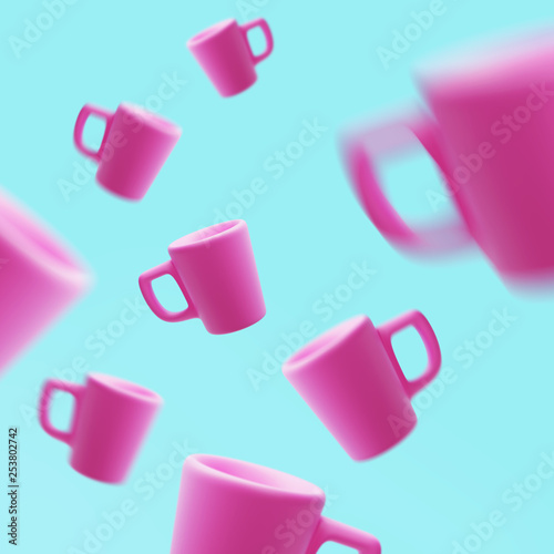 Ceramic Pink Mugs Floating in The Air, 3d rendering, Coffee Cup