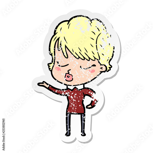 distressed sticker of a cartoon woman with eyes shut
