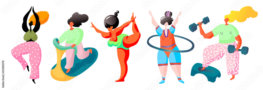 women make fitness, - yoga, cardio, dumbbells and gymnastics