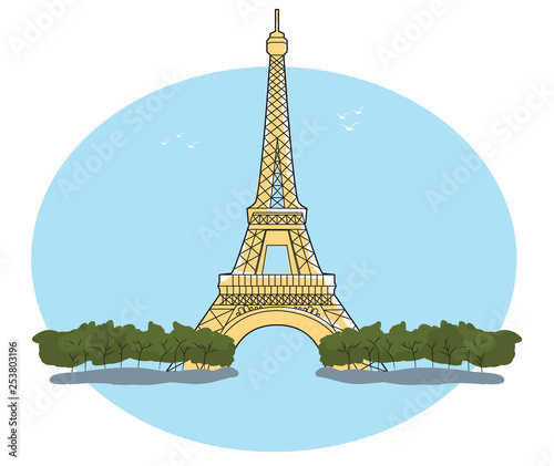 Vector image of Eiffel Tower Paris France with blue sky and white background in a retro style. EPS10