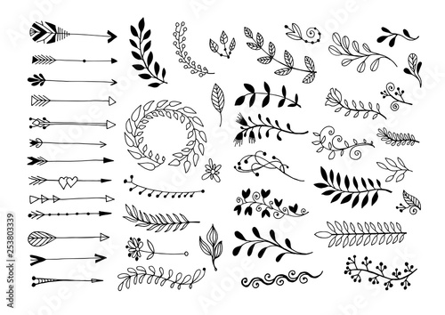set of hand drawing page dividers borders and arrow, doodle floral design elements