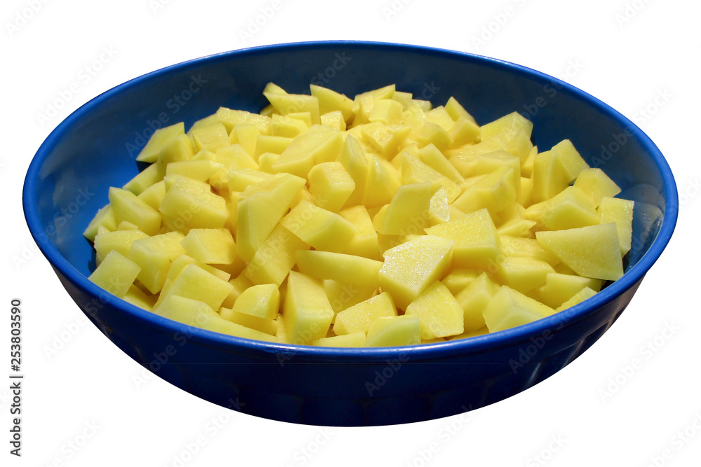 blue plastic basin with diced potatoes, isolated on white blue plastic basin with diced potatoes, isolated on white