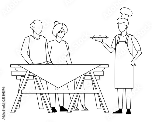 faceless grandparents barbecue table in black and white