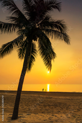 Silhouette palm tree, father and his son standing view at the sea during sunrise